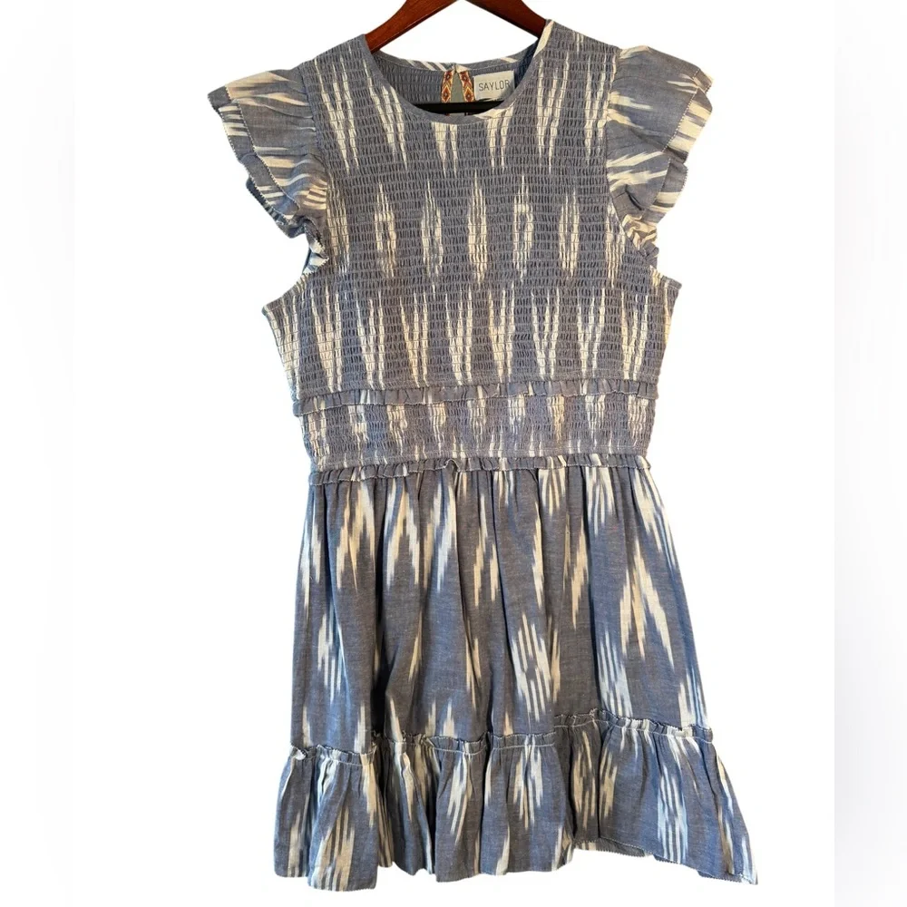 SAYLOR Zinnia Indigo Blue Ruffle Ikat Mini Dress NWOT - Picture 4 of 12